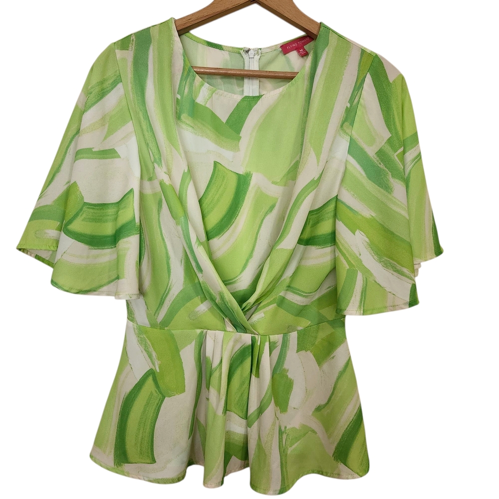 Flying Tomato Easy To Say Blouse Green Ivory Flutter Sleeve Peplum Size‎ Medium